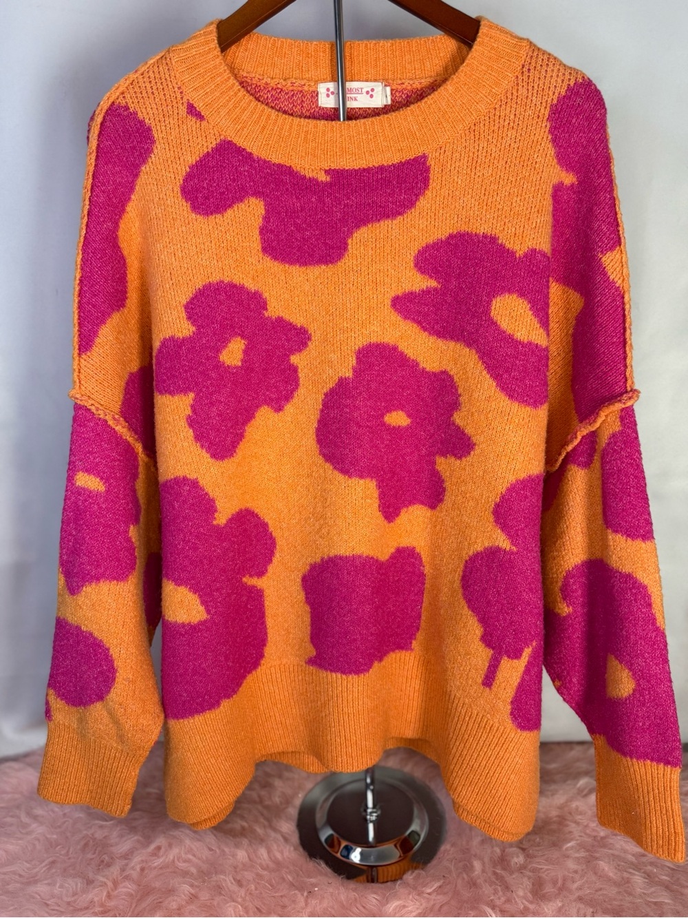 Almost Pink Women's Pink & Orange Patterned Sweater Size S